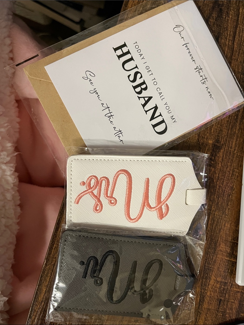 Embroidered 'Mrs.' Luggage Tags - White & Gray Set with Pink Script